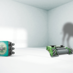 the PGV positioning system on the left and the DONKEYmotion AGV on the right creating a shadow in form of a donkey on the wall