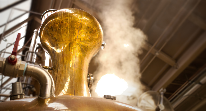 Pot stills in a whisky distillery.