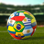 soccer ball with South American flags on it in a stadium