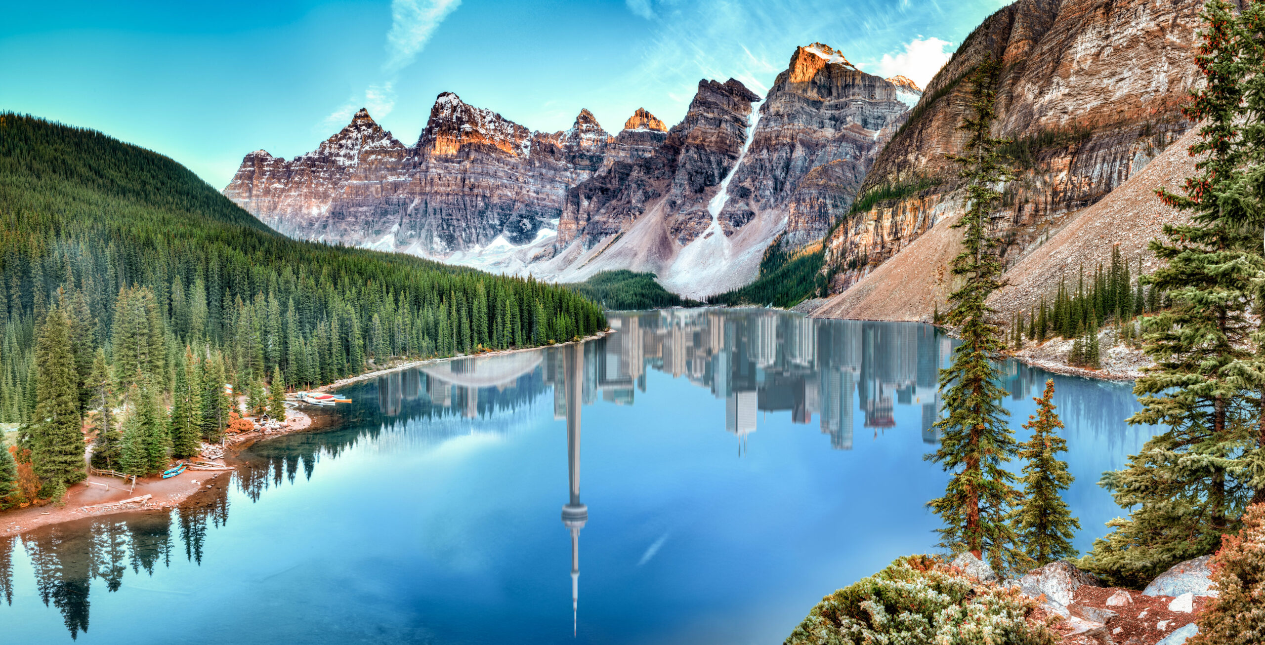 a calm Canadian lake with Toronto mirroring on the water
