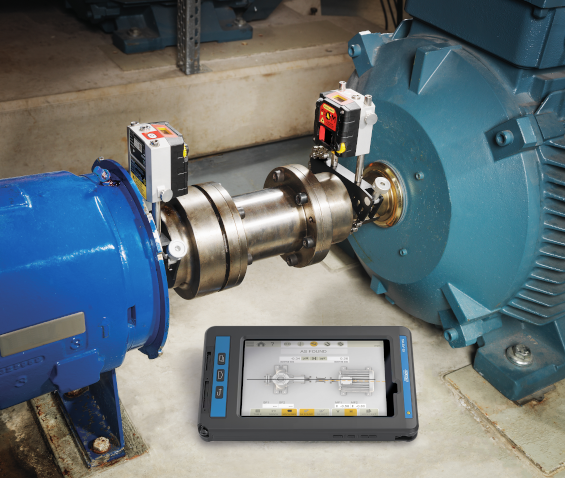 XT550 shaft alignment system is attached between a pump and a motor, whereas the Tab-Ex 03 tablet guides through the alignment process.